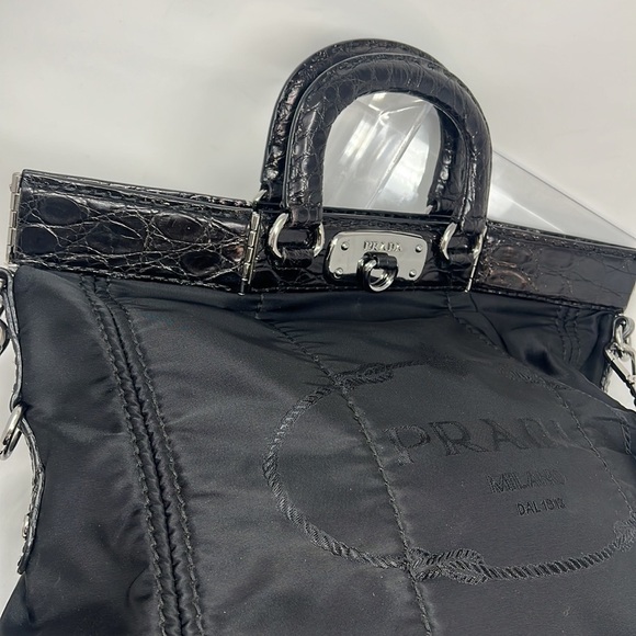 PRADA BLACK NYLON JACQUARD CROCODILE TRIM LARGE SHOPPING SHOULDER BAG - Picture 2 of 16